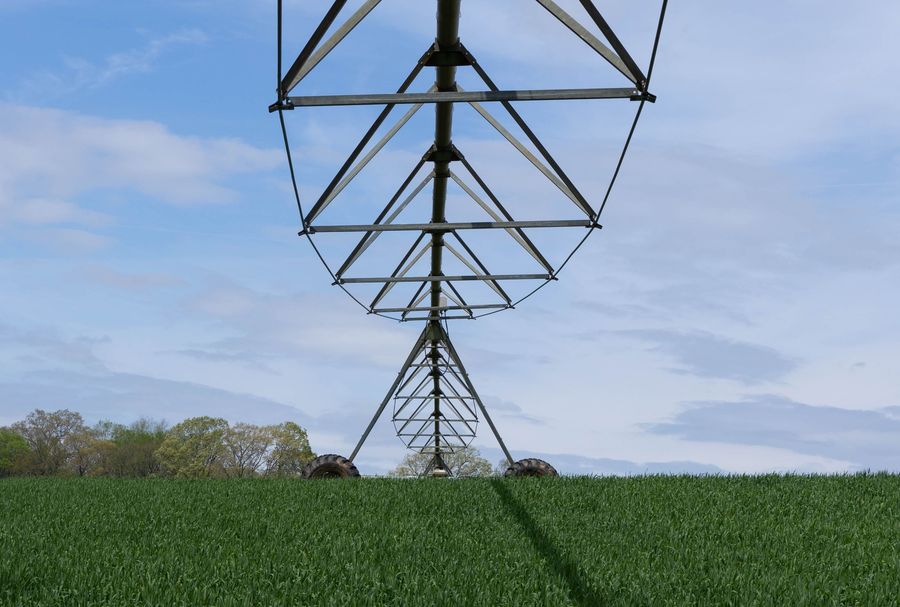 Center-pivot irrigation over a green field